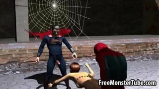 Short haired 3D babe gets double teamed outdoors