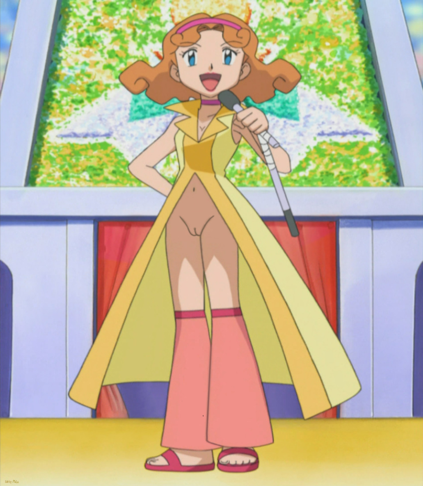 1_girl 1girl anime blue_eyes bottomless edit exposed_pussy female female_human female_only hairless_pussy human human/pokemon marian marian_(pokemon) microphone momoan_(pokemon) no_panties partially_clothed partially_nude pokemon pokemon_(anime) public pussy solo standing