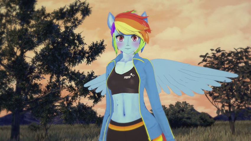 16:9 1girl 1girl 1girls animal_ears anime anthro before_sex belly belly_button blue_skin blush closed_mouth clothed female_focus fit_girl hentai looking_at_viewer medium_hair my_little_pony open_eyes outside rainbow_dash_(mlp) rainbow_hair solo_female solo_focus standing wings
