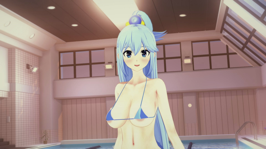 16:9 1girl 1solo anime aqua_(konosuba) before_sex belly belly_button big_breasts bikini blue_bikini blue_eyes blush breasts female_focus happy hentai indoors kono_subarashii_sekai_ni_shukufuku_wo! light-skinned light-skinned_female light_skin looking_at_viewer open_eyes open_mouth pool shoulders smile solo_focus standing water