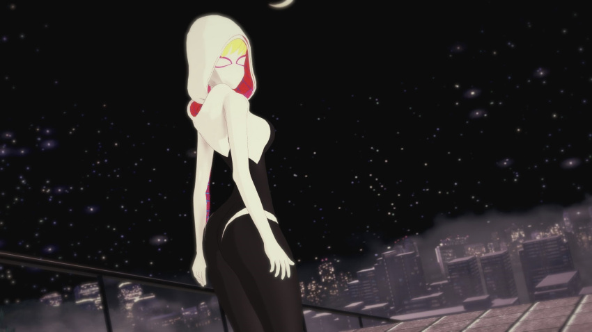 16:9 1girl anime blonde blonde_hair cosplay female_focus gwen_stacy hentai looking_at_viewer mask night rooftop solo_female solo_focus spider-gwen spider-man:_into_the_spider-verse spider-man_(series) standing superheroine teen