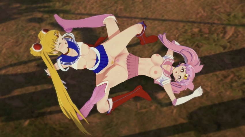 16:9 2_girls anime belly belly_button blonde blonde_hair breasts chibi_usa closed_eyes hentai light-skinned light-skinned_female light_skin looking_pleasured looking_up lying medium_breasts nipples on_ground outside pink_hair red_eyes sailor_moon sailor_uniform scissoring shoes teen tsukino_usagi yuri yuri