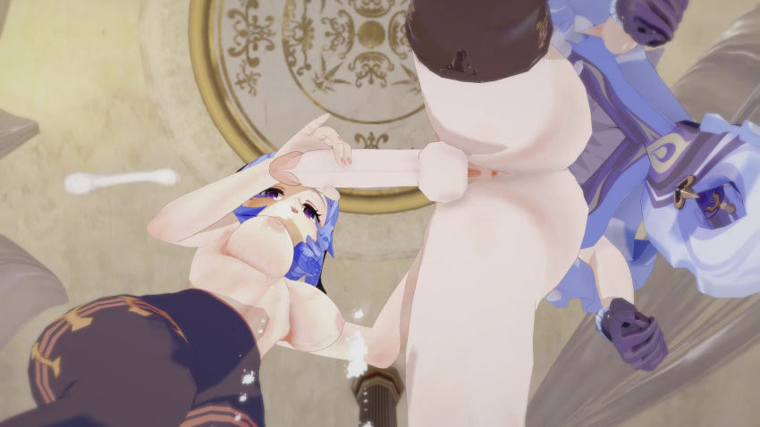 16:9 anime anus ass big_breasts big_breasts breasts cum cumshot ejaculation futa futanari futanari_with_female ganyu_(genshin_impact) genshin_impact handjob hentai keqing_(genshin_impact) looking_at_penis nipples open_eyes partially_clothed penis penis_grab penis_tip pussy pussy semen standing testicle video_game video_game_character