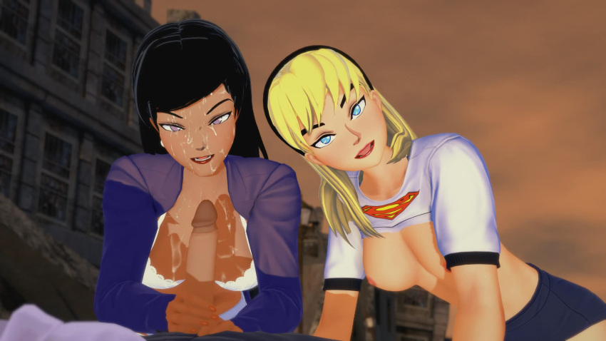 16:9_aspect_ratio anime black_hair blonde blonde_hair bra breasts cum cum_on_breasts cum_on_face cumshot dc_comics erect_nipples facial ffm_threesome happy hentai lois_lane long_hair looking_at_partner looking_at_viewer looking_pleasured medium_breasts nipples open_eyes open_mouth outside partially_clothed penis penis_grab penis_tip reporter smile supergirl superheroine superman_(series) threesome white_bra