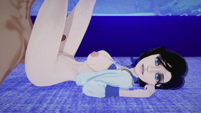after_sex anime belly bioshock bioshock_infinite black_hair blue_eyes breasts cum cum_on_body cumshot elizabeth elizabeth_comstock erect_nipples female_focus hentai indoors light-skinned light-skinned_female light_skin looking_at_viewer looking_pleasured lying lying_on_back medium_breasts medium_hair nipples on_back on_ground open_eyes penis_tip semen semen_on_body video_game video_game_character video_game_franchise
