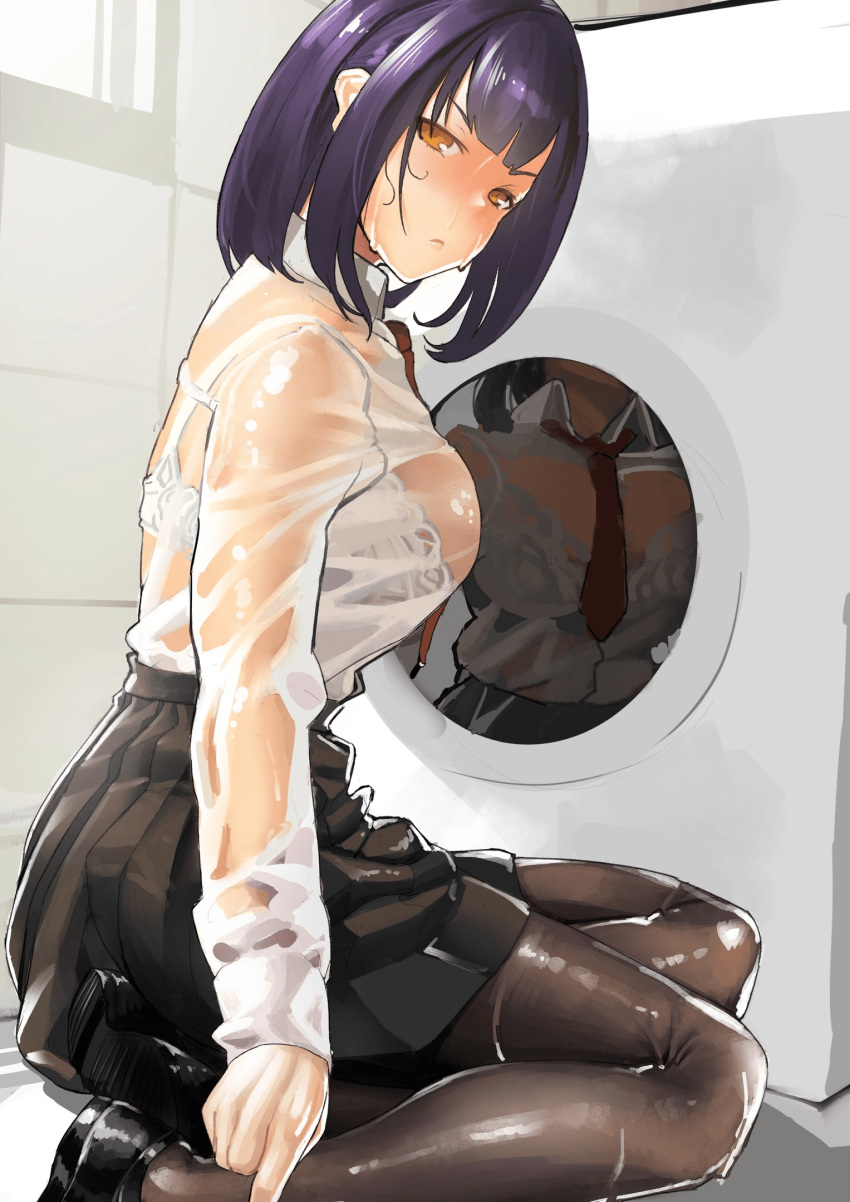 angry anime anime_girl black_dress black_hair brown_eyes red_tie stockings tie washing_machine wet_clothes white_shirt