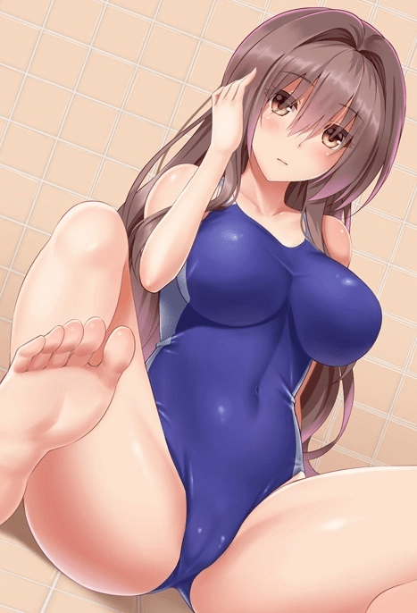 anime anime_girl big_breasts blue_swimsuit brown_eyes brown_hair