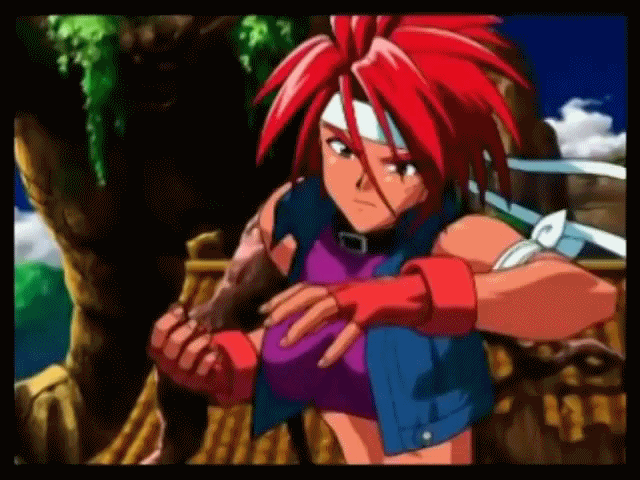anime bouncing_breasts breasts eretzvaju evil_zone gif headband midori_himeno outdoors punching trees video_game