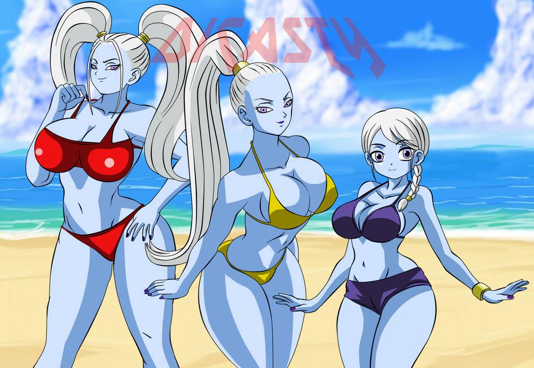 1girl 3_girls anime big_breasts bikini breasts dragon_ball dragon_ball_super female_only huge_breasts
