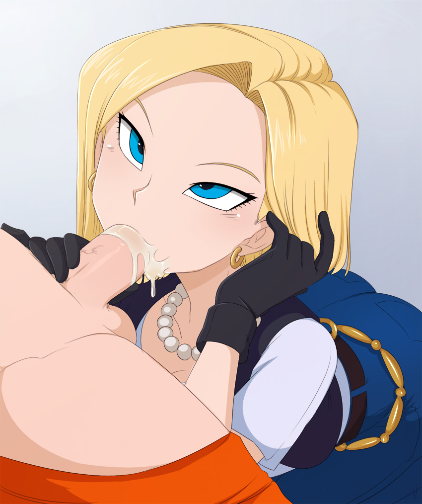 1girl android_18 anime blonde_hair blue_eyes clothed cum cum_in_mouth cum_inside dragon_ball_z earrings fellatio female gloves hentai krillin looking_up male merunyaa necklace straight