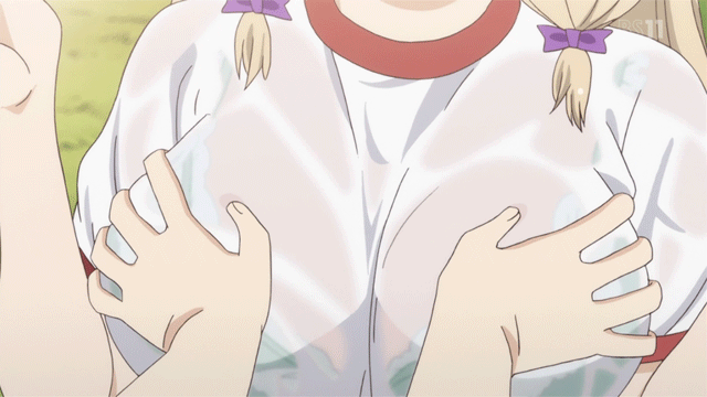 1girl anime bra breast_grab breasts gif huge_breasts see-through wet