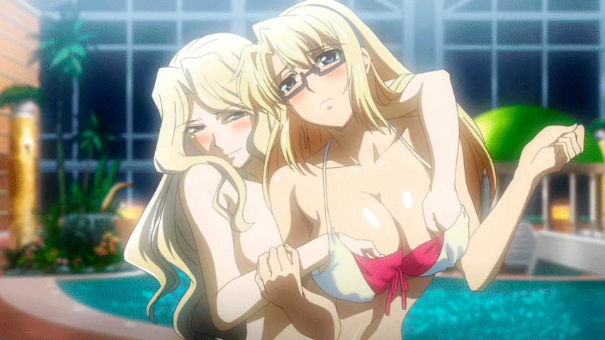 2_girls 2girls anime big_breasts bikini blonde_hair breast_grab breasts_out_of_clothes bridget_l._satellizer ecchi elizabeth_mably elizabeth_mayberry embarrassed female/female female_only freezing freezing_(series) gif glasses grabbing grabbing_from_behind groping hands_under_clothes long_hair pool poolside satellizer_el_bridget smile swimming_pool swimsuit yuri