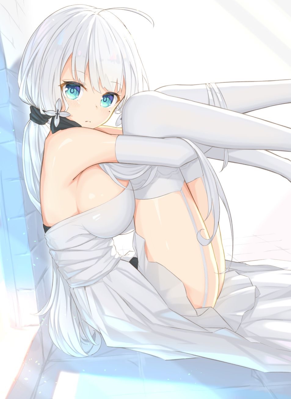 anime azur_lane big_breasts blue_eyes breast_press curls cute ecchi illustrious_(azur_lane) lingerie looking_at_viewer non-nude stocking white_background white_dress white_flower white_gloves white_hair white_panties white_wall