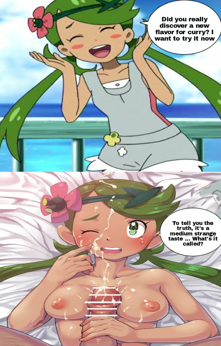 anime boris_(noborhys) cum cum_on_face edit ejaculation green_hair mallow mallow_(pokemon) paizuri pokemon pokemon_(anime) pokemon_sm text