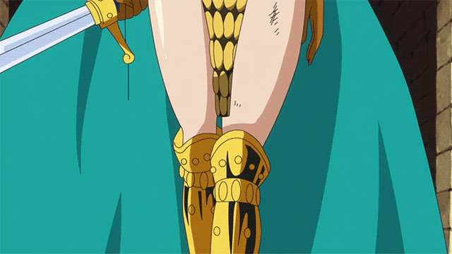1girl anime bikini_armor gif huge_breasts one_piece pink_hair rebecca_(one_piece) walking