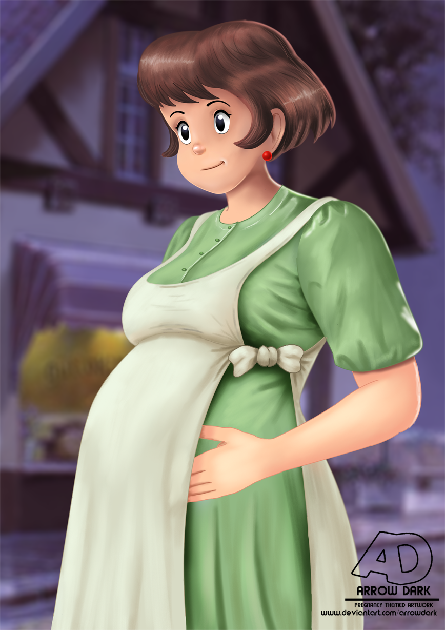 anime arrowdark big_belly brown_hair fanart green_dress japanese kikis_delivery_service osono plump pregnant short_hair studio_ghibli vore