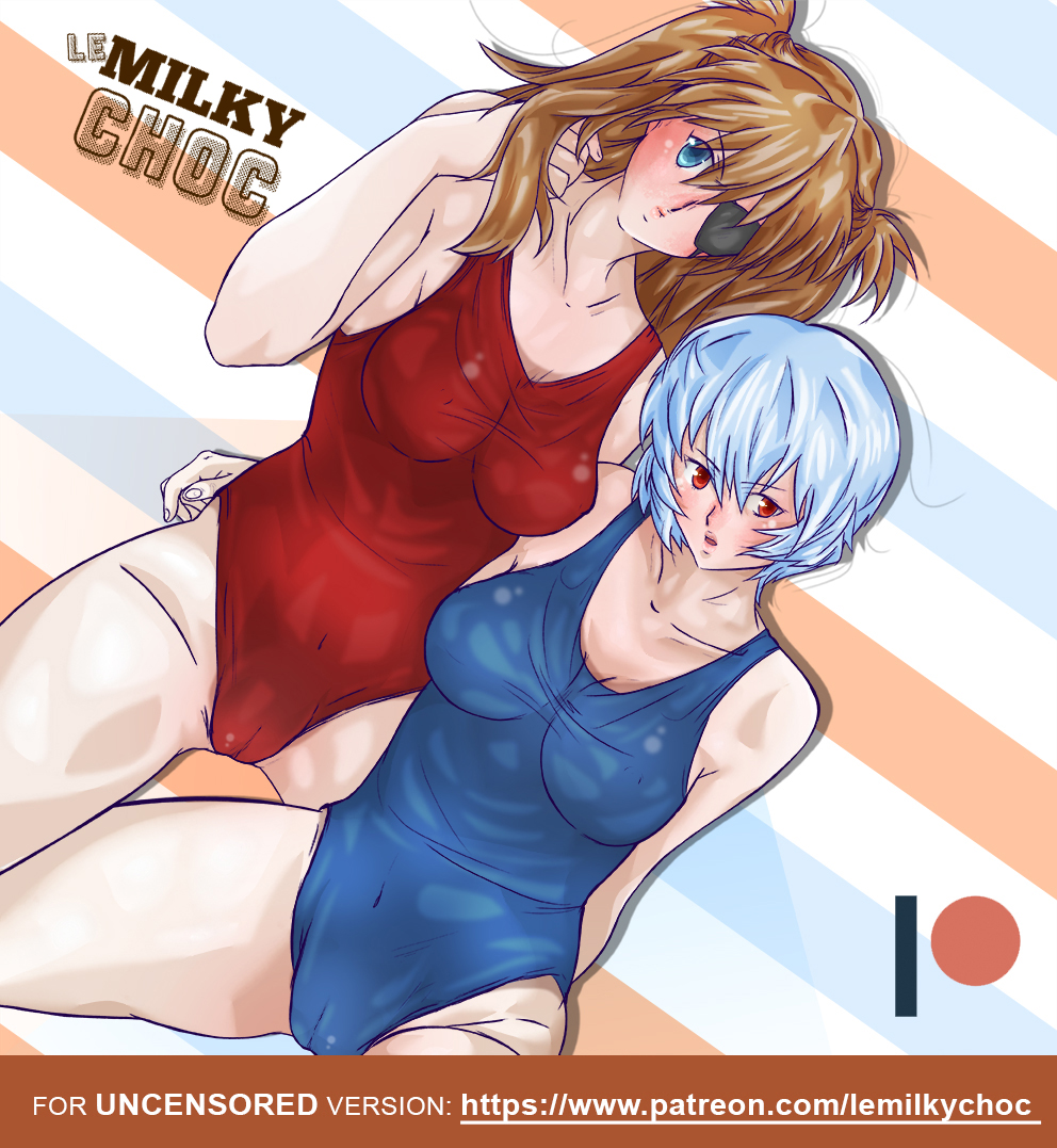 2girls anime asuka_langley_souryuu big_breasts blue_eyes blue_swimsuit breasts cameltoe clothed eye_patch lemilkychoc looking_at_viewer neon_genesis_evangelion one-piece_swimsuit orange_hair red_eyes red_swimsuit rei_ayanami