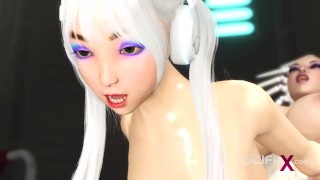 Super hot gamer girl gets hard anal fuck with a sexy futanari in the sci-fi prison