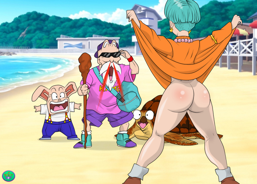 1girl 3boys anime anthro aqua_hair ass beach bottomless bubble_butt bulma_brief dragon_ball_gt dress dress_lift embarrassed embarrassed_nude_female embarrassing enf flashing going_commando master_roshi no_panties oolong pig reptile shiny shiny_skin short_hair surprised turtle