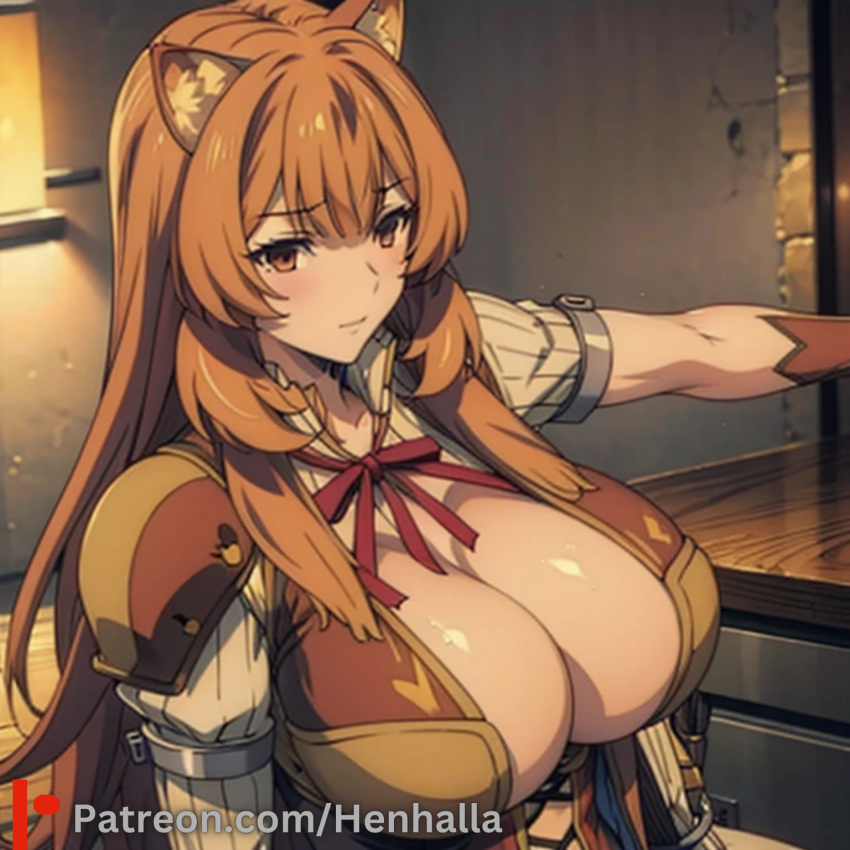 anime anime_style big_breasts cute_face dress henhalla orange_hair raphtalia shy very_long_hair very_shy