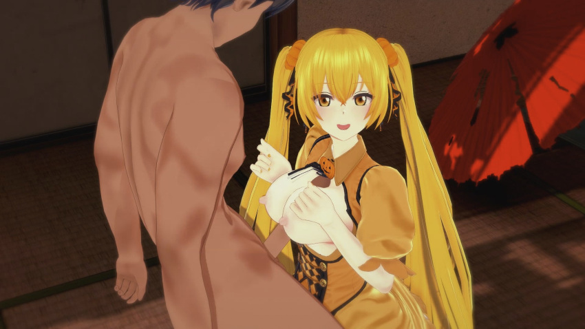 16:9 1boy 1boy1girl 1girl anime big_breasts blush breasts breasts_out erect_nipples female_focus halloween happy hentai long_hair looking_at_viewer looking_pleasured miku_hatsune nipples open_eyes open_mouth orange_eyes paizuri partially_clothed penis penis_between_breasts penis_tip ponytails pumpkin teen vocaloid