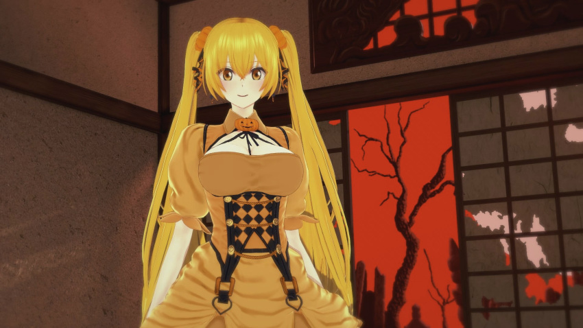 16:9 1girl 1girl 1girl anime before_sex big_breasts big_breasts breasts clothed cosplay female_focus halloween halloween_costume hentai indoors looking_at_viewer looking_pleasured miku_hatsune orange_eyes orange_hair pumpkin solo_focus standing teen vocaloid