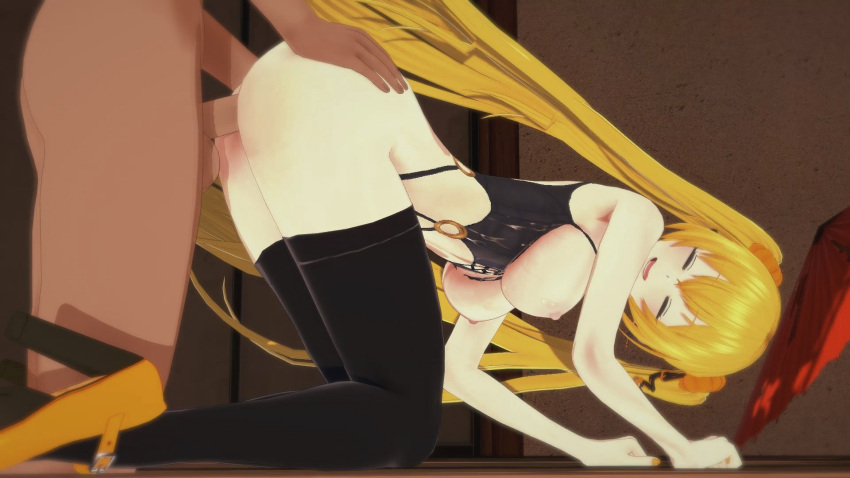 16:9 anime big_breasts black_legwear breasts closed_eyes cum cum_on_breasts doggy_position erect_nipples female_focus female_penetrated halloween halloween_costume happy hentai indoors legwear looking_pleasured miku_hatsune nipples open_mouth penis penis_in_pussy ponytails room smile teen testicle vaginal vaginal_penetration vocaloid