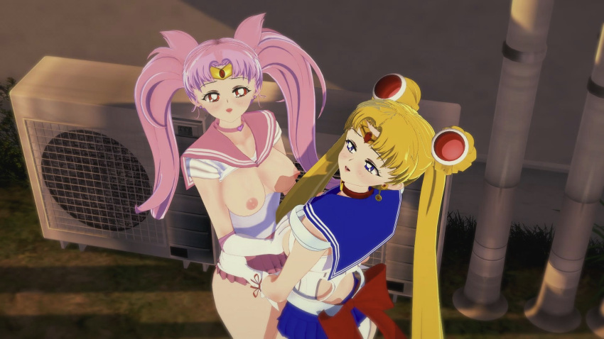 2_girls 2girls 3d aged_up anime bishoujo_senshi_sailor_moon blonde blonde_hair blush breast_grab breasts chibi_usa cosplay costume female_only hand_on_breasts hentai incest koikatu_center light-skinned_female light_skin looking_at_partner looking_at_viewer looking_pleasured medium_breasts mother_&_daughter nipples open_eyes outside partially_clothed pink_hair red_eyes sailor_chibi_moon sailor_moon sailor_uniform standing tsukino_usagi usagi_tsukino yuri