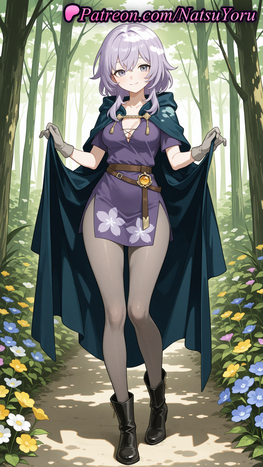 2025 ai_generated anime anime_style bangs belt big_breasts black_footwear blue_flower boots breasts brown_belt brown_eyes bust cape cleavage cloak closed_mouth collarbone company_name day dress female_focus female_solo floral_print flower forest front_view full_body gloves green_cape grey_eyes grey_gloves grey_hair grey_pantyhose hair_between_eyes hentai high_quality high_res high_resolution hood hood_down hooded_cape hooded_cloak legs looking_at_viewer medium_breasts medium_hair natsuyoru nature oc original original_character outside pantyhose patreon plant purple_dress purple_eyes purple_flower purple_hair short_dress short_sleeves side_slit sidelocks smile stable_diffusion standing thighs tree voluptuous voluptuous_female white_flower yellow_flower