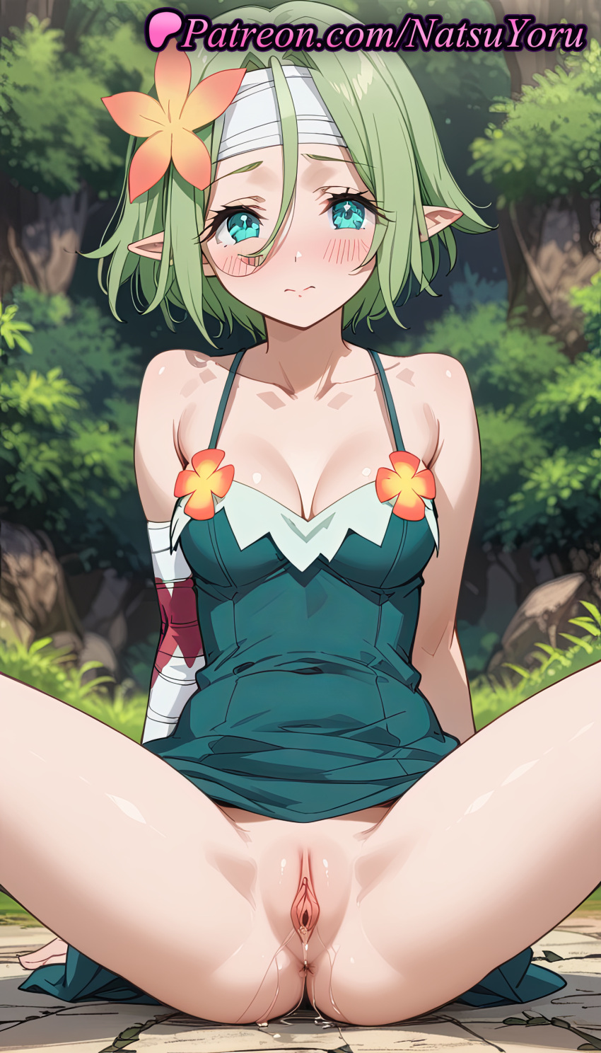 1girl 1girl 1girls 2025 ai ai_generated anime anime_style anus anus aqua_eyes bandaged_arm bandaged_head bandages bare_shoulders big_breasts blue_eyes blush breasts bush bust cleavage closed_mouth clothes_lift collarbone dress dress_lift elf elf_ears female_focus female_only flower forest green_dress green_eyes green_hair hair_between_eyes hair_flower hair_ornament headband hentai high_quality high_res high_res high_resolution kono_subarashii_sekai_ni_shukufuku_wo! labia labia_majora looking_at_viewer medium_breasts natsuyoru nature no_panties outside paipan patreon pointed_ears pointy_ears pussy pussy pussy_juice pussy_juice_puddle pussy_lips pussy_peek shaved_vagina short_hair sitting sleeveless sleeveless_dress solo_female spaghetti_strap spread_legs stable_diffusion tranquility_girl tree uncensored voluptuous voluptuous_female vulva white_headband
