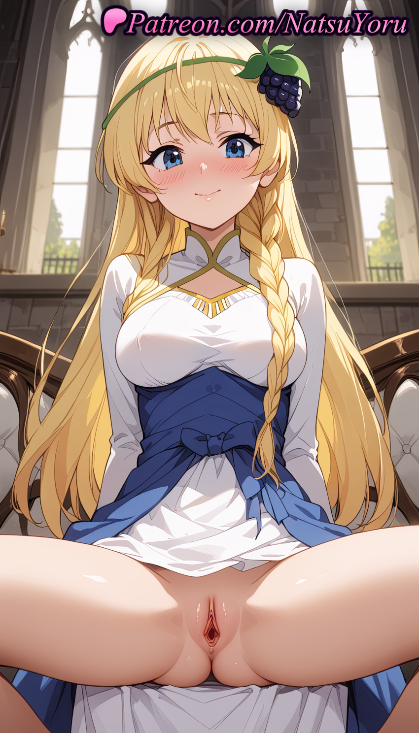 1girl 2025 ai_assisted ai_generated anime anime_style anus ass bangs big_breasts blonde_hair blue_bow blue_eyes blush braid breasts bust clitoris closed_mouth clothes_lift day dress female_focus female_only female_solo food food-themed_hair_ornament fruit grapes hair_ornament hentai high_quality high_res high_resolution indoors iris_(konosuba) kono_subarashii_sekai_ni_shukufuku_wo! labia laurel_crown long_hair long_sleeves looking_at_viewer medium_breasts natsuyoru no_panties patreon pussy pussy_lips pussy_peek side_braid sitting skirt smile solo_female spread_legs stable_diffusion thighs twin_braids uncensored very_long_hair voluptuous voluptuous_female vulva white_dress window