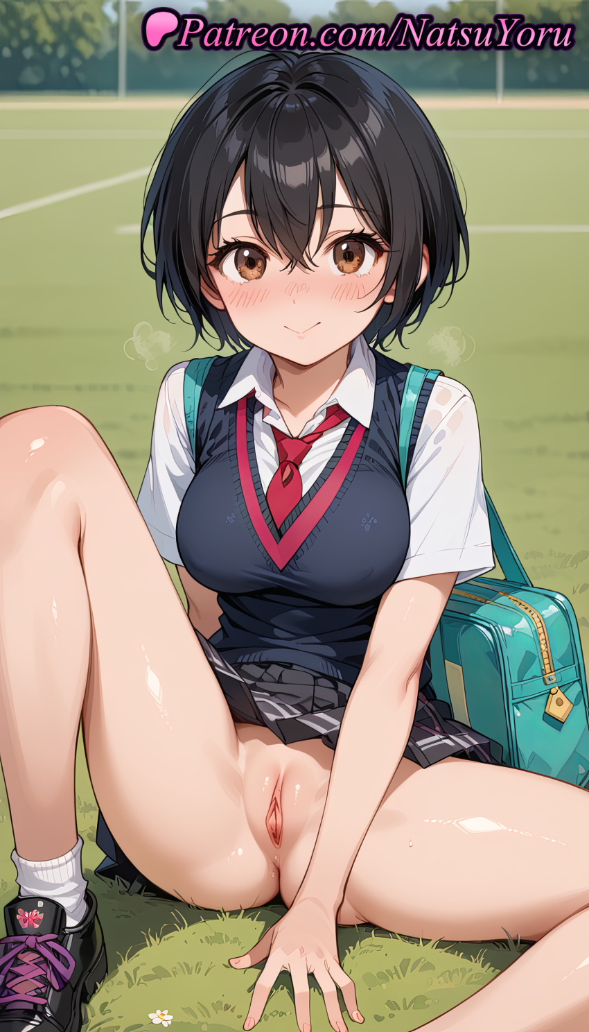 2025 ai_generated anime anime_style arm_support artist_name asian bag bangs big_breasts black_footwear black_hair black_skirt black_sweater_vest black_vest blurry blurry_background blush breasts breath brown_eyes bust clitoris closed_mouth clothes_lift collared_shirt crossed_bangs day female_focus female_solo footwear grass hair_between_eyes hentai high_quality high_res high_resolution knee_up labia labia_majora looking_at_viewer marvel marvel_comics marvel_rivals medium_breasts natsuyoru neck_tie no_panties on_grass on_ground outside patreon peni_parker peni_parker_(marvel_rivals) plaid plaid_skirt pleated_skirt pussy pussy_lips pussy_peek red_necktie school_bag school_uniform shiny shiny_skin shirt shoes short_hair short_sleeves sitting skirt smile sneakers socks spider-verse spiderverse spread_legs stable_diffusion sweat sweater_vest thighs uncensored vest voluptuous voluptuous_female vulva white_shirt white_socks