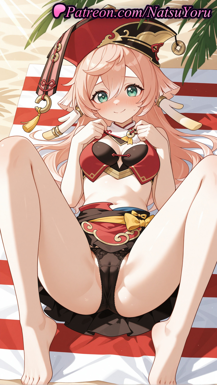 1girl 2025 ai_generated anime anime_style antlers asian bangs bare_arms bare_legs bare_shoulders barefoot beach beach_towel big_breasts bikini black_bikini black_bra black_panties blush bow bra breasts bust cameltoe cleavage cleavage_cutout closed_mouth clothing_cutout crop_top crotch day feet female_focus female_only female_solo foot_fetish full_body genshin_impact green_eyes hair_between_eyes hands_up hat hentai high_quality high_res high_resolution horns juicy_butt knees_up legs long_hair looking_at_viewer lying m_legs medium_breasts midriff natsuyoru navel nose_blush on_back outside palm_tree panties partially_visible_vulva patreon pink_hair red_headwear red_skirt skirt small_breasts smile solo_female spread_legs stable_diffusion stomach sunlight swimsuit thighs toenail_polish toenails toes towel underwear voluptuous voluptuous_female yanfei_(genshin_impact) yellow_bow