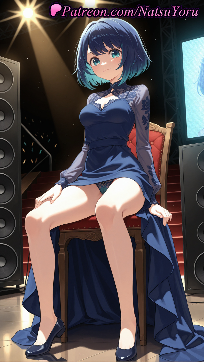 1girl 1girl 1girls 2025 ai ai_generated anime anime_style aqua_eyes aqua_hair asian audience bangs bare_legs big_breasts big_breasts black_footwear black_hair black_panties blue_dress blue_eyes blue_hair blue_panties blush bow bow_panties breasts bust chair cleavage cleavage_cutout closed_mouth clothing_cutout concert dress female_focus female_only female_solo floral_print footwear full_body glowstick gradient_hair hand_on_own_thigh hentai high_heels high_quality high_res high_res high_resolution indoors kurokawa_akane legs long_sleeves looking_at_viewer medium_breasts multicolored_hair natsuyoru on_chair oshi_no_ko panties panties pantyshot patreon see-through see-through_sleeves shoes short_hair sitting smile solo_female speaker spotlight stable_diffusion stage stage_lights stairs thighs toe_cleavage underwear upskirt voluptuous voluptuous_female