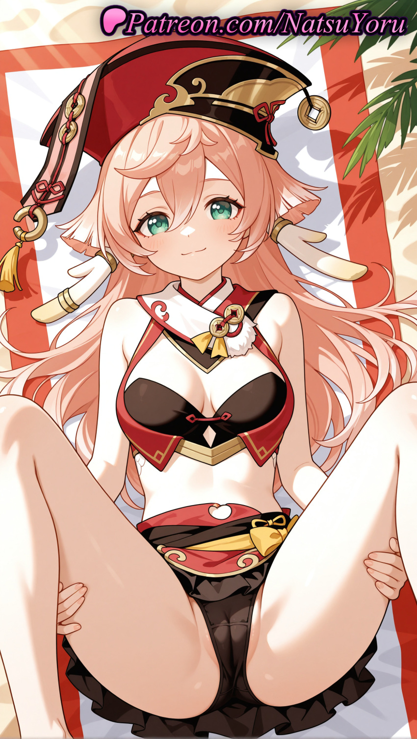 1girl 2025 ai_generated anime anime_style antlers armpit_crease asian bangs bare_arms bare_legs bare_shoulders beach_mat beach_towel big_breasts bikini black_bikini black_bra black_panties black_skirt blush bow bra breasts bust cameltoe cleavage cleavage_cutout closed_mouth clothing_cutout crop_top cropped_vest crotch feet_out_of_frame female_focus female_only female_solo frilled_skirt frills from_above genshin_impact green_eyes hair_between_eyes hands_on_own_thighs hat hentai high_quality high_res high_resolution horns knees_up legs legs_up long_hair looking_at_viewer lying m_legs medium_breasts midriff miniskirt natsuyoru on_back palm_leaf panties partially_visible_vulva patreon pink_hair red_headwear red_skirt revealing_clothes scales skirt sleeveless small_breasts smile solo_female spread_legs stable_diffusion swimsuit thighs towel underwear voluptuous voluptuous_female yanfei_(genshin_impact) yellow_bow