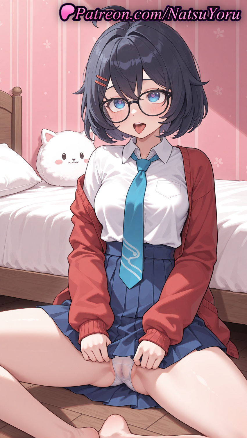1girl 1girl 1girls 2025 ahoge ai ai_generated anime anime_style asian bangs bare_legs barefoot bed bedroom big_breasts black-framed_eyewear black_hair blouse blue_eyes blue_hair blue_necktie blue_skirt blush breasts bust cameltoe cardigan clothes_lift collared_shirt feet female_focus female_only foot_fetish glasses hair_between_eyes hair_ornament hairclip heart heart-shaped_pupils hentai high_quality high_res high_res high_resolution indoors jacket legs long_sleeves looking_at_viewer medium_breasts megane mila_(miside) miside mita_(miside) mole natsuyoru neck_tie on_bed open_cardigan open_clothes open_mouth panties panties patreon pillow pleated_skirt red_cardigan red_jacket round_eyewear school_uniform shirt shirt_tucked_in short_hair sitting skirt skirt_lift solo_female spread_legs stable_diffusion stuffed_animal stuffed_toy symbol-shaped_pupils thighs toes tongue tongue_out underwear upper_teeth_only voluptuous voluptuous_female white_panties white_shirt wooden_floor