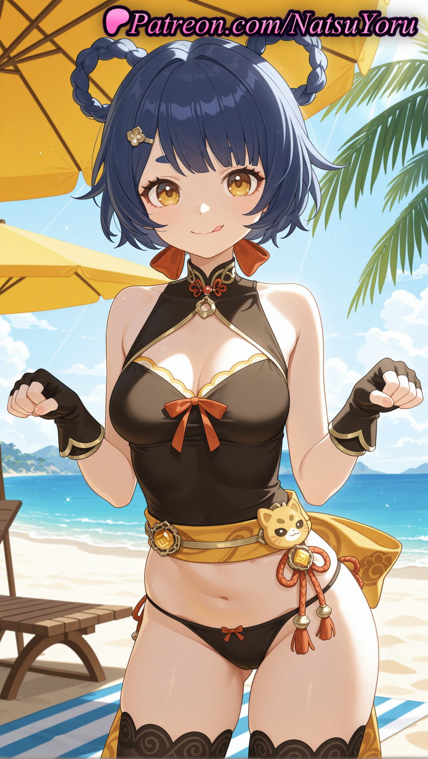 1girl 1girl 1girls 2025 ai ai_generated anime anime_style asian ass_visible_through_thighs bangs bare_arms bare_shoulders beach beach_towel beach_umbrella big_breasts bikini bikini_bottom_only black_bikini black_gloves black_legwear black_panties black_shirt black_thighhighs blue_hair blue_sky bow braid braided_hair_rings breasts bust chair chinese_clothes cleavage cleavage_cutout closed_mouth clothing_cutout cloud cowboy_shot crop_top dark_blue_hair day female_focus female_only fingerless_gloves genshin_impact gloves gold_trim hair_ornament hair_rings hairclip hands_up hentai high_quality high_res high_res high_resolution horizon looking_at_viewer medium_breasts natsuyoru navel no_pants ocean outside panties patreon paw_pose red_bow shirt short_hair side-tie_bikini_bottom sky sleeveless sleeveless_dress sleeveless_shirt smile solo_female stable_diffusion standing stockings stomach sunlight swimsuit thick_eyebrows thighs tongue tongue_out towel twin_braids umbrella underwear vision_(genshin_impact) voluptuous voluptuous_female water xiangling_(genshin_impact) yellow_eyes