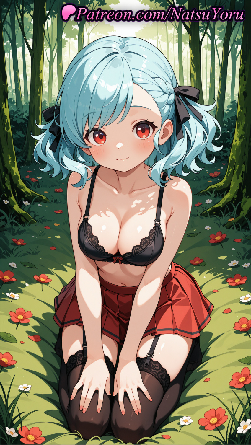 1girl 1girl 1girls 2025 ai ai_assisted ai_generated anime anime_style aqua_hair bangs bare_arms bare_shoulders big_breasts big_breasts black_bow black_bra black_legwear black_ribbon black_thighhighs blue_hair blush bow bow_bra bra braid breasts bust cleavage closed_mouth collarbone day female_focus female_only flower flowers forest full_body garter_belt garter_straps girls'_frontline grass hair_bow hair_ribbon hands_on_lap hands_on_own_thighs hentai high_quality high_res high_res high_resolution lace lace-trimmed_bra lace_trim legwear lingerie looking_at_viewer medium_breasts medium_hair miniskirt nail_polish natsuyoru nature navel no_shirt no_shoes on_grass outside patreon plant pleated_skirt red_eyes red_flower red_skirt ribbon seiza sitting skirt smile solo_female spas-12_(girls'_frontline) stable_diffusion stockings stomach swept_bangs tree twin_tails underwear v_arms voluptuous voluptuous_female white_flower zettai_ryouiki