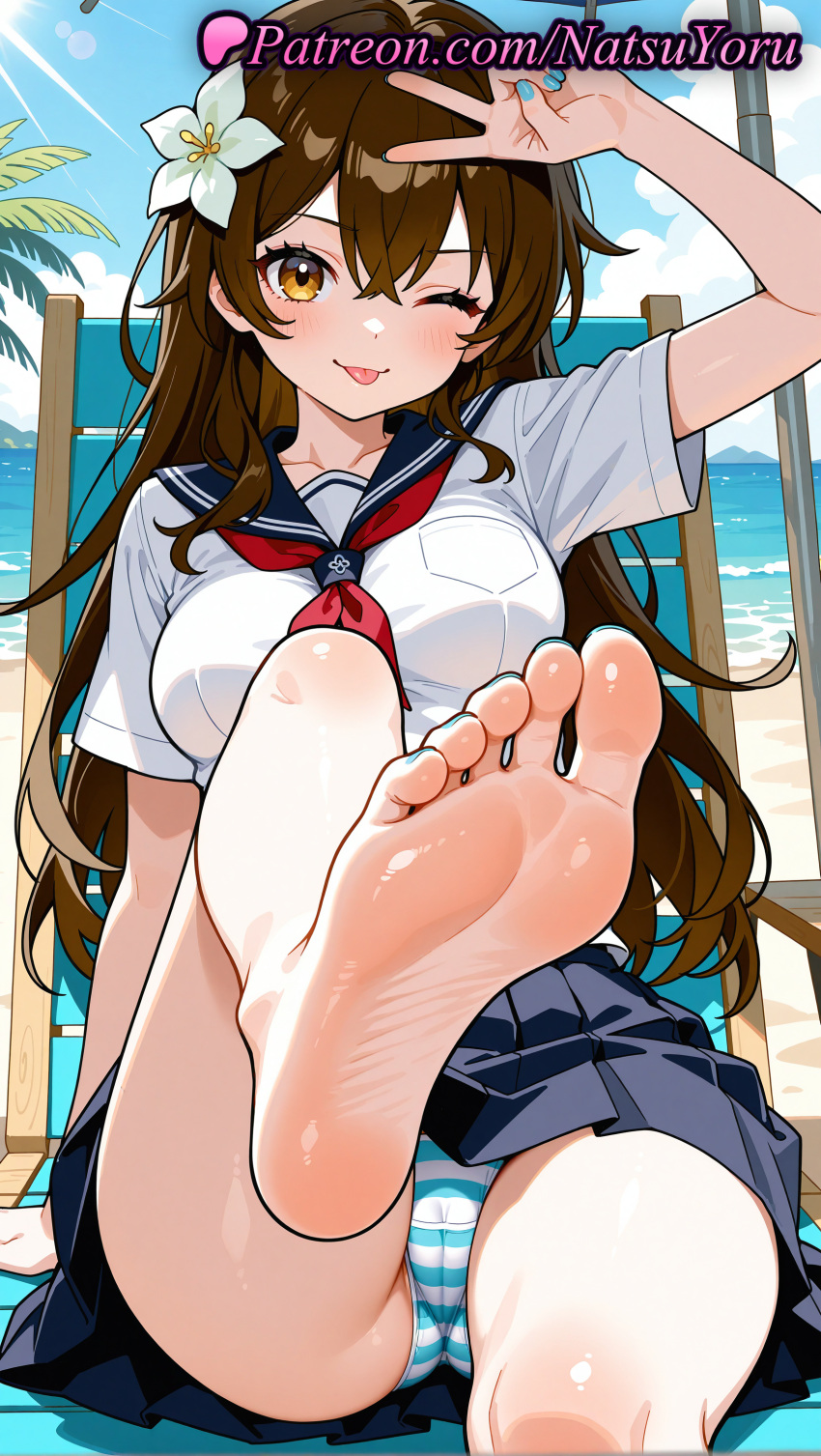 1girl 2025 ai_generated anime anime_style arm_up asian bangs bare_legs barefoot beach big_breasts blouse blue_nails blue_panties blue_sailor_collar blue_skirt blue_sky blush breasts brown_eyes brown_hair bust cameltoe crossed_bangs day feet female_focus female_only female_solo fetish flower foot_fetish foot_focus foot_out_of_frame foot_up foreshortening hair_between_eyes hair_flower hair_ornament hentai high_quality high_res high_resolution leg_lift legs lipstick long_hair looking_at_viewer makeup medium_breasts nail_polish natsuyoru neckerchief oc ocean one_eye_closed original original_character outside panties patreon pleated_skirt pov_feet presenting_foot red_neckerchief sailor_collar sailor_uniform school_uniform serafuku shirt short_sleeves sitting skirt sky smile soles solo_female stable_diffusion striped striped_clothes striped_panties thighs toenail_polish toenails toes tongue tongue_out underwear v voluptuous voluptuous_female water white_flower white_shirt