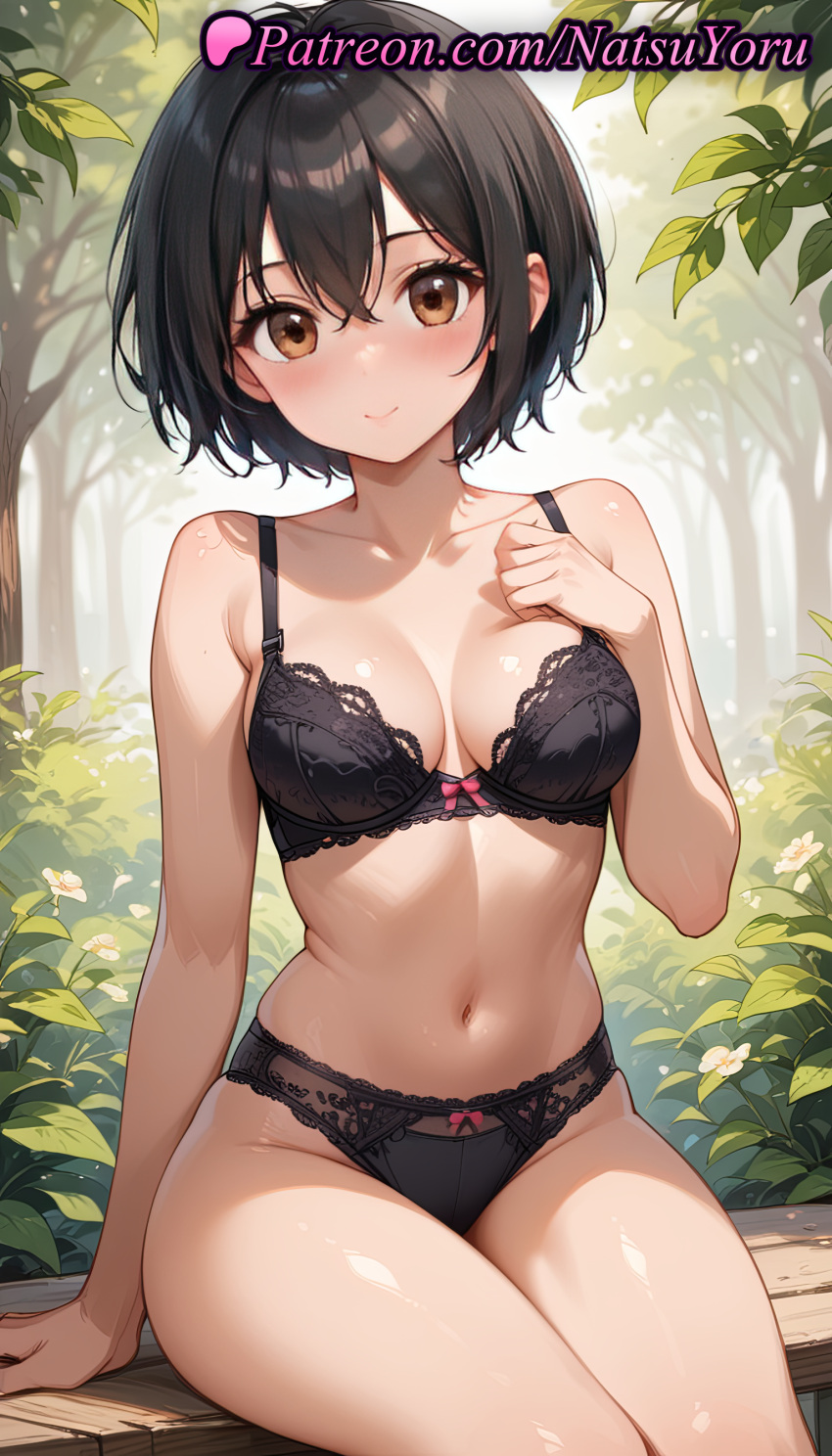 1girl 2025 ai_generated anime anime_style asian bangs bare_arms bare_shoulders bench big_breasts black_bra black_hair black_panties blush bow bow_bra bow_panties bra breasts brown_eyes bush bust cleavage closed_mouth collarbone day female_focus female_only female_solo hair_between_eyes hand_on_own_chest hand_up hentai high_quality high_res high_resolution lace-trimmed_bra lace-trimmed_panties lace_trim lingerie lips looking_at_viewer marvel marvel_comics marvel_rivals medium_breasts natsuyoru nature navel outside panties patreon peni_parker peni_parker_(marvel_rivals) plant short_hair sitting smile solo_female spider-verse spiderverse stable_diffusion stomach thighs tree underwear underwear_only voluptuous voluptuous_female wet