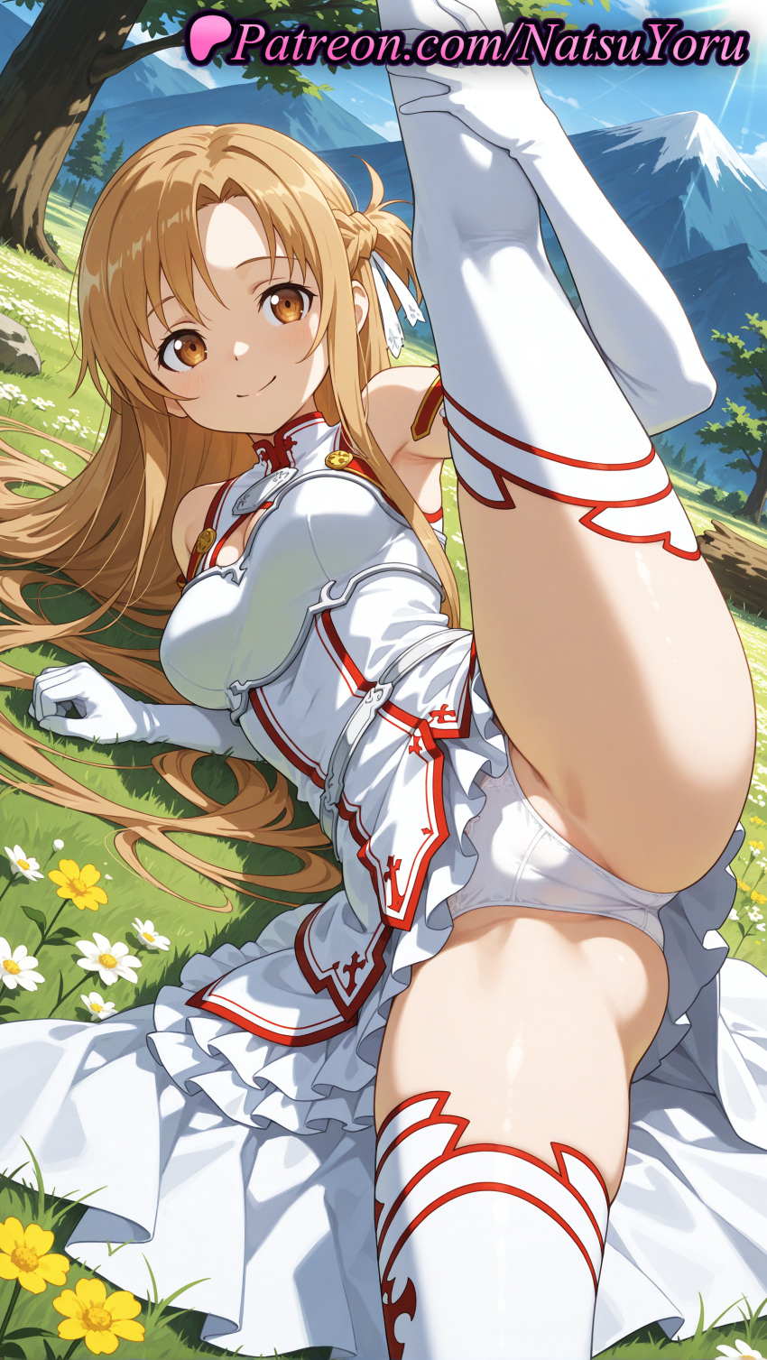 1girl 2025 ai_assisted ai_generated anime anime_style armor armpits ass asuna_(sao) bangs bare_shoulders big_breasts blonde_hair blush braid breastplate breasts brown_eyes brown_hair bust cameltoe cleavage_cutout closed_mouth clothing day detached_sleeves dress elbow_gloves feet_out_of_frame female_focus female_only female_solo flexible flower gloves grass hair_ribbon hentai high_quality high_res high_resolution juicy_butt leg_lift long_hair looking_at_viewer lying medium_breasts mountain natsuyoru on_side outside panties patreon skirt sky sleeveless sleeveless_dress smile solo_female split spread_legs stable_diffusion standing_split stockings sword_art_online sword_art_online_alicization thighs tree underwear uniform voluptuous voluptuous_female white_armor white_dress white_gloves white_legwear white_panties white_ribbon white_thighhighs yellow_flower yuuki_asuna
