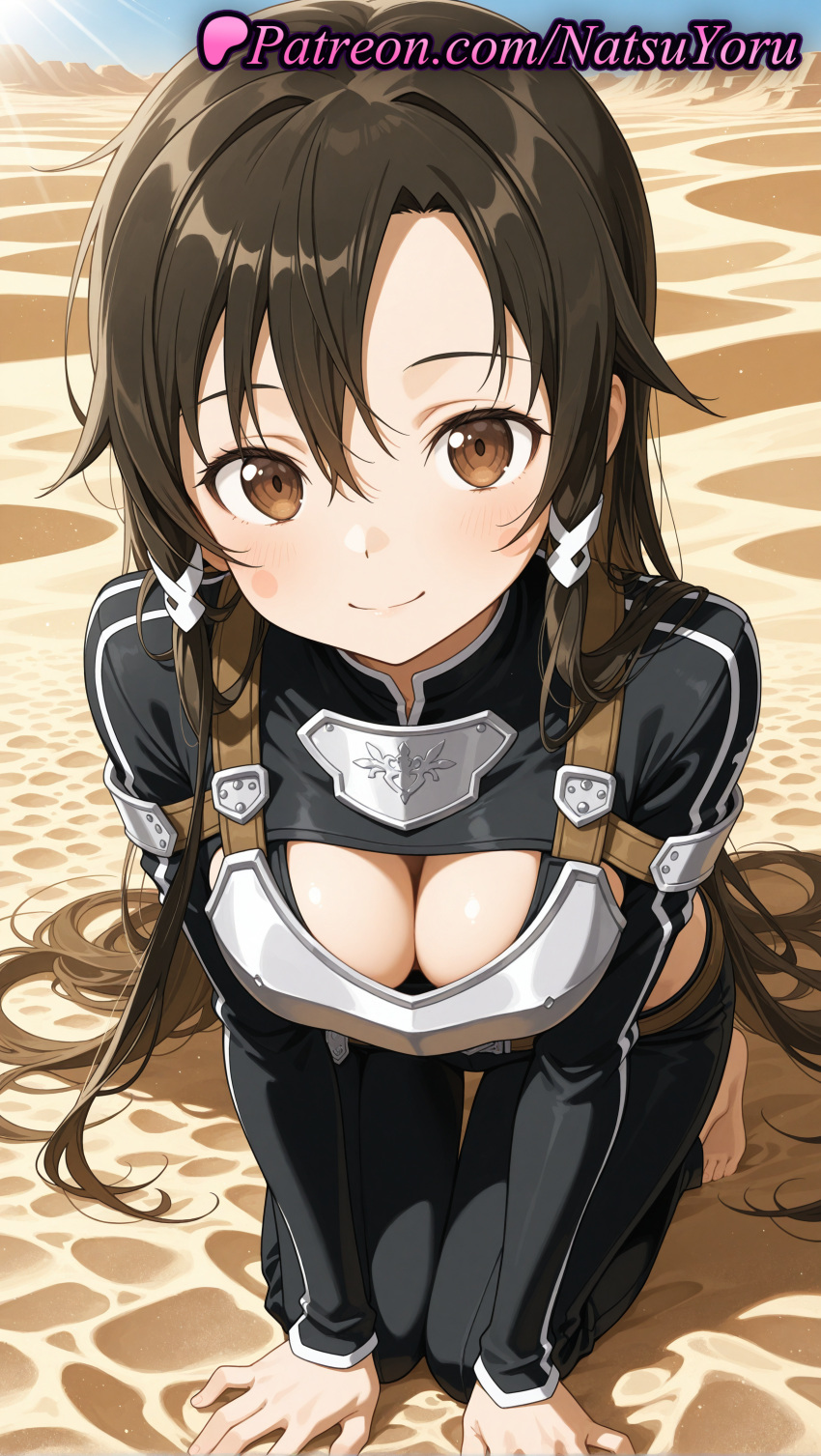 1girl 1girl 1girls 2025 ai ai_assisted ai_generated all_fours anime anime_style armor asian bangs barefoot beach big_breasts big_breasts black_hair black_jacket black_pants blush breastplate breasts brown_eyes brown_hair bust cleavage cleavage_cutout closed_mouth clothing_cutout day desert earrings female_focus female_only full_body gun_gale_online hair_between_eyes hair_ornament hair_ribbon hentai high_quality high_res high_res high_resolution kirigaya_kazuto kirito kirito_(sao-ggo) long_hair long_sleeves looking_at_viewer medium_breasts natsuyoru outside pants patreon ribbon sand smile solo_female stable_diffusion sunlight sword_art_online thigh_gap very_long_hair voluptuous voluptuous_female