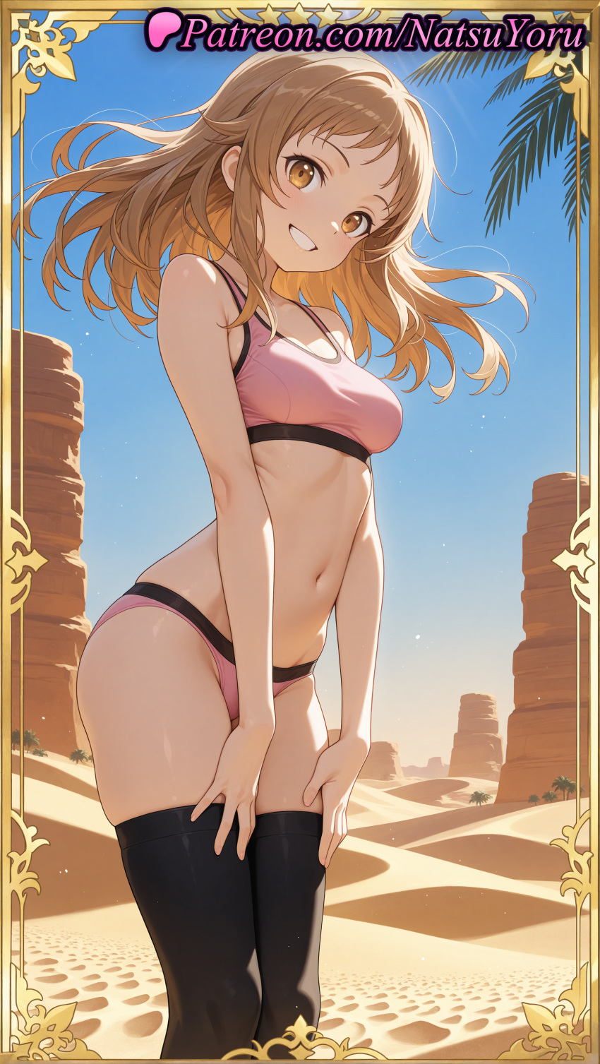 1girl 1girl 1girls 2025 ai ai_assisted ai_generated anime anime_style bare_arms bare_shoulders beach big_breasts bikini black_legwear black_thighhighs blonde_hair blue_sky blush border bra breasts brown_eyes brown_hair bust card_(medium) collarbone day desert feet_out_of_frame female_focus female_only floating_hair grin gun_gale_online hands_on_own_thighs hentai high_quality high_res high_res high_resolution kohiruimaki_karen light_brown_hair llenn_(sao) long_hair looking_at_viewer medium_breasts medium_hair midriff natsuyoru navel outside palm_tree panties panties patreon pink_bikini pink_bra pink_panties pink_sports_bra sand skindentation sky smile solo_female sports_bikini sports_bra stable_diffusion standing stockings stomach swimsuit sword_art_online thighs tree underwear underwear_only voluptuous voluptuous_female