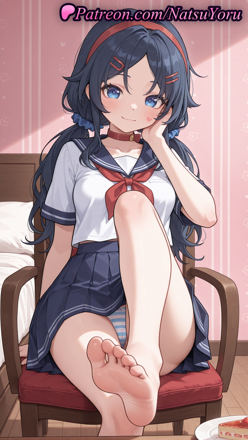 1girl 2025 ai_generated anime anime_style bangs bare_legs barefoot bed big_breasts black_hair blouse blue_eyes blue_hair blue_panties blue_sailor_collar blue_skirt blush breasts bust cake cake_slice chair choker closed_mouth collar collarbone crazy_mita_(miside) crop_top facial_mark feet female_focus female_only female_solo food foot_fetish foot_focus foot_out_of_frame hair_ornament hair_scrunchie hairband hairclip hand_on_own_cheek hand_on_own_face heart hentai high_quality high_res high_resolution indoors knee_up leg_lift legs lipstick long_hair looking_at_viewer low_twintails medium_breasts miside mita_(miside) natsuyoru neckerchief on_chair pale_skin panties pantyshot parted_bangs patreon pillow plate pleated_skirt pov_feet presenting_foot red_hairband red_neckerchief sailor_collar sailor_uniform school_uniform scrunchie serafuku shirt short_sleeves sitting skirt smile soles solo_female stable_diffusion striped striped_clothes striped_panties thighs toes twin_tails underwear voluptuous voluptuous_female white_shirt wooden_floor