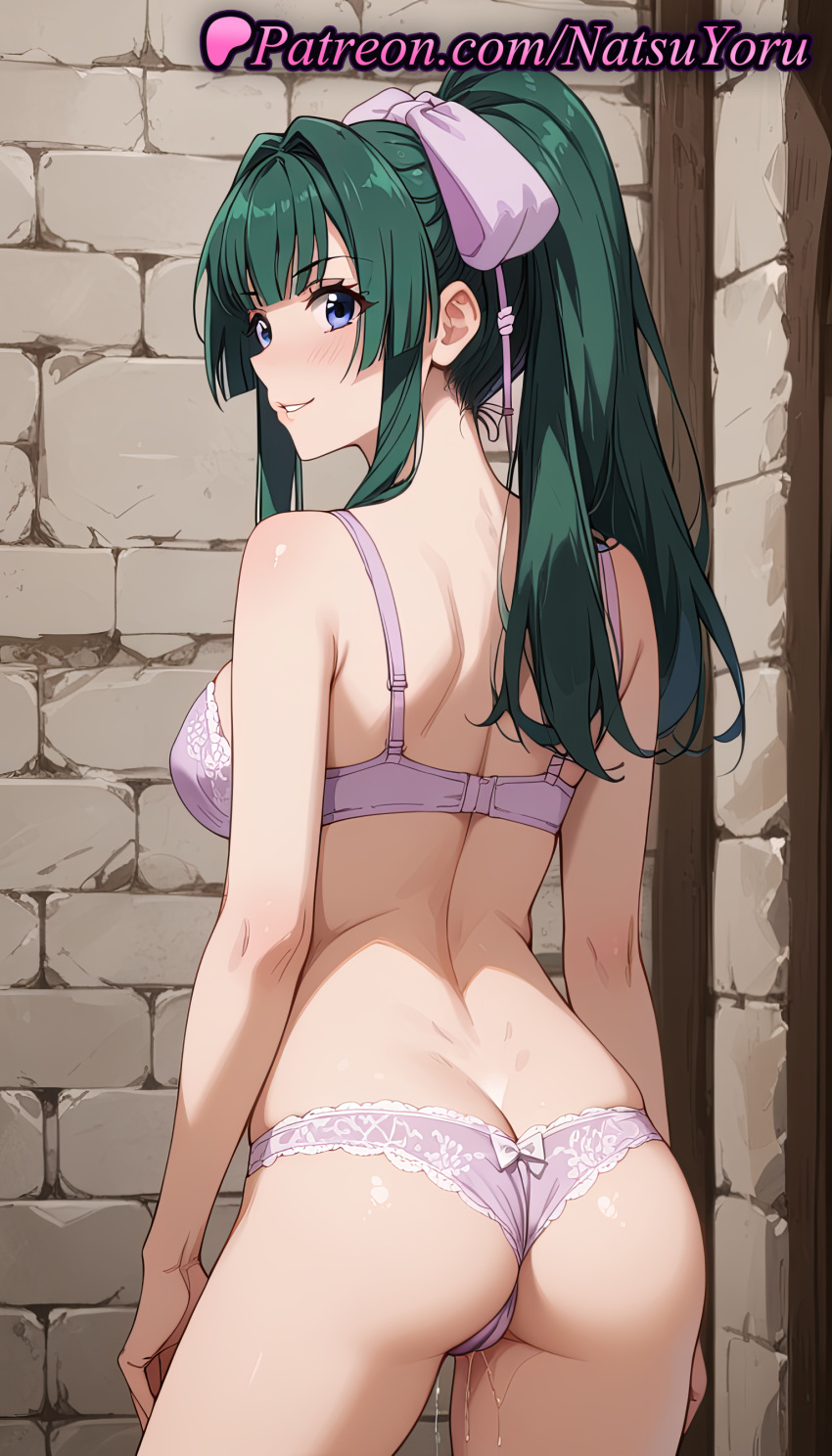 1girl 1girl 1girls 2025 ai ai_generated anime anime_style arms_at_sides ass ass back bangs bare_arms bare_shoulders big_breasts big_breasts blue_eyes blunt_bangs blush bow bow_bra bra breasts brick_wall bust butt_crack cowboy_shot dimples_of_venus female_focus female_only from_behind green_hair hair_bow hair_intakes hair_ribbon hentai high_ponytail high_quality high_res high_res high_resolution indoors juicy_butt lace-trimmed_bra lace-trimmed_panties lingerie long_hair looking_at_viewer looking_back median_furrow medium_breasts natsuyoru panties panties parted_lips patreon ponytail purple_bow purple_bra purple_panties pussy_juice ribbon shoulder_blades sideboob sidelocks smile solo_female stable_diffusion standing stone_wall tate_no_yuusha_no_nariagari the_rising_of_the_shield_hero underwear underwear_only voluptuous voluptuous_female wall white_bow yomogi_emarl