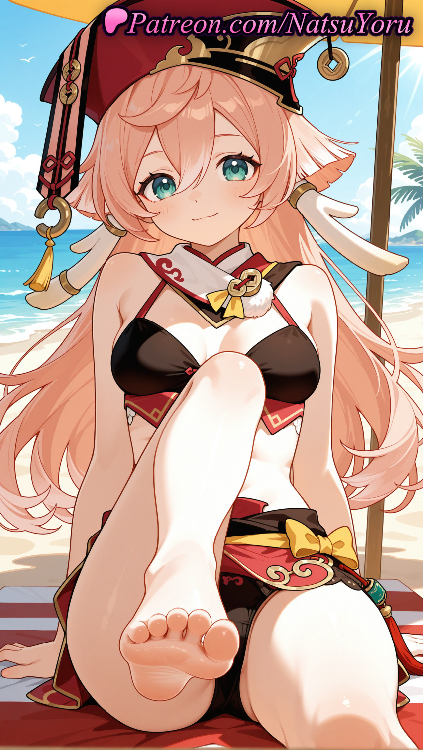 1girl 2025 adapted_costume ai_generated anime anime_style antlers aqua_eyes arm_support armpit_crease asian bangs bare_arms bare_legs bare_shoulders barefoot beach beach_towel beach_umbrella big_breasts bikini bikini_skirt black_bikini black_bra black_panties blue_sky blush bow breasts bust cleavage closed_mouth cloud coin crop_top day feet female_focus female_only female_solo foot_fetish foot_focus foot_out_of_frame foreshortening genshin_impact green_eyes hair_between_eyes hat hentai high_quality high_res high_resolution horns knee_up legs long_hair looking_at_viewer medium_breasts midriff natsuyoru navel ocean outside palm_tree panties patreon pink_hair pov_feet presenting_foot red_headwear red_skirt sand sitting skirt sky small_breasts smile soles solo_female stable_diffusion swimsuit thighs toenails toes towel umbrella underwear voluptuous voluptuous_female water yanfei_(genshin_impact) yellow_bow