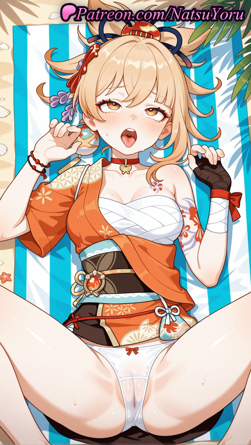1girl 2025 ahegao ai_generated anime anime_style arm_tattoo bandaged_arm bandages bangs bare_shoulders beach big_breasts black_gloves black_sash blonde_hair blush bow bow_panties bracelet breasts bust cameltoe chest_sarashi chest_tattoo choker cleavage collarbone female_focus female_only female_solo fingerless_gloves flower_tattoo genshin_impact gloves hadanugi_dousa hair_between_eyes hair_ornament hands_up hentai high_quality high_res high_resolution japanese_clothes jewelry kimono legs lipstick looking_at_viewer lying makeup medium_breasts natsuyoru obi oiled on_back open_mouth orange_eyes orange_kimono panties partially_visible_vulva patreon pendant_choker ponytail pussy red_choker rolling_eyes sarashi sash shimenawa single_bare_shoulder single_fingerless_glove solo_female spread_legs stable_diffusion sweat tattoo teeth thighs tongue tongue_out towel underwear vision_(genshin_impact) voluptuous voluptuous_female wet white_panties yellow_eyes yoimiya_(genshin_impact)