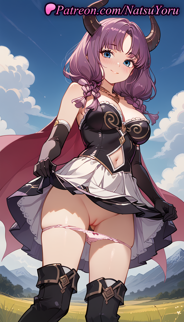 1girl 2025 ai_assisted ai_generated anime anime_style artist_name ass_visible_through_thighs aura_(sousou_no_frieren) bangs bare_shoulders big_breasts black_dress black_footwear black_gloves blue_eyes blue_sky blush boots bow bow_panties braid breasts bust cape cleavage cleft_of_venus closed_mouth clothes_lift clothing_cutout cloud day demon_girl demon_horns dress dress_lift elbow_gloves feet_out_of_frame female_focus female_only female_solo gloves gold_necklace hentai high_quality high_res high_resolution horns jewelry legwear lifted_by_self lips long_hair looking_at_viewer medium_breasts mountain natsuyoru navel navel_cutout necklace non-asian outside panties panties_down panty_pull parted_bangs patreon pink_panties purple_hair pussy red_cape skindentation skirt skirt_lift sky smile solo_female sousou_no_frieren stable_diffusion standing stockings stomach_cutout strapless strapless_dress strapless_shirt thigh_high_boots thighs twin_braids two-tone_dress uncensored underwear voluptuous voluptuous_female white_skirt
