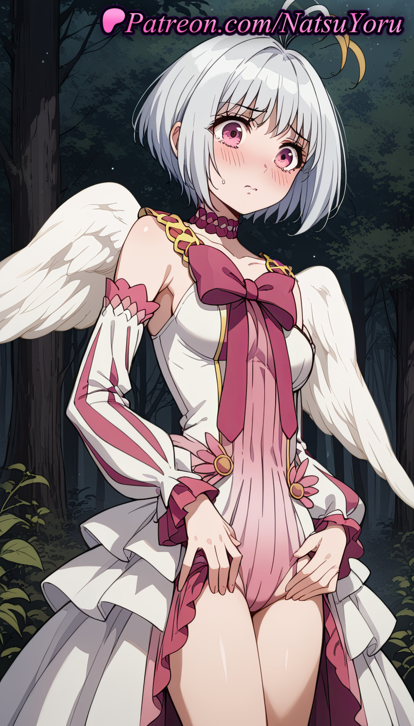 2025 ahoge ai_generated angel_wings anime anime_style antenna_hair asian bangs bare_shoulders big_breasts blush bow breasts bust cameltoe choker closed_mouth clothing collarbone cowboy_shot detached_sleeves dress embarrassed feathered_wings female_focus female_solo fitoria forest frills grey_hair hentai high_quality high_res high_resolution leotard lips long_sleeves looking_at_viewer medium_breasts natsuyoru nature night outside patreon pink_bow pink_choker pink_eyes pink_leotard puffy_sleeves short_hair showgirl_skirt small_breasts stable_diffusion standing sweatdrop tate_no_yuusha_no_nariagari the_rising_of_the_shield_hero thighs tree voluptuous voluptuous_female white_dress white_hair white_leotard white_sleeves white_wings wings