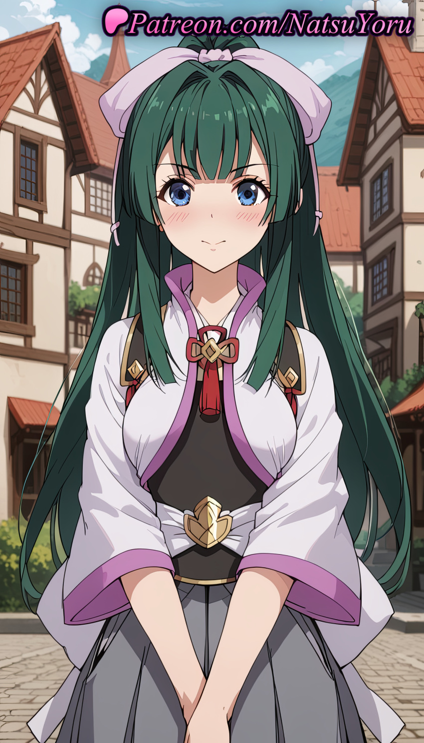 2025 ai_generated anime anime_style architecture armor back_bow bangs belt big_breasts black_hakama blue_eyes blue_sky blunt_bangs blush bow breastplate breasts building bust closed_mouth cloud cowboy_shot day female_focus female_solo flower_knot green_hair grey_skirt hair_bow hair_intakes hakama hakama_skirt hentai high_ponytail high_quality high_res high_resolution hip_vent house jacket japanese_clothes kimono large_bow long_hair long_sleeves looking_at_viewer muneate natsuyoru outside own_hands_together patreon pink_bow pleated_skirt ponytail ribbon sidelocks skirt sky smile stable_diffusion standing straight-on tassel tate_no_yuusha_no_nariagari the_rising_of_the_shield_hero town v-shaped_eyebrows v_arms very_long_hair voluptuous voluptuous_female white_bow white_kimono wide_sleeves window yomogi_emarl